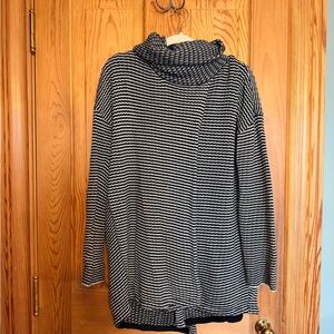 CAbi Black and White Striped Cowl Neck Natural Fiber Sweater